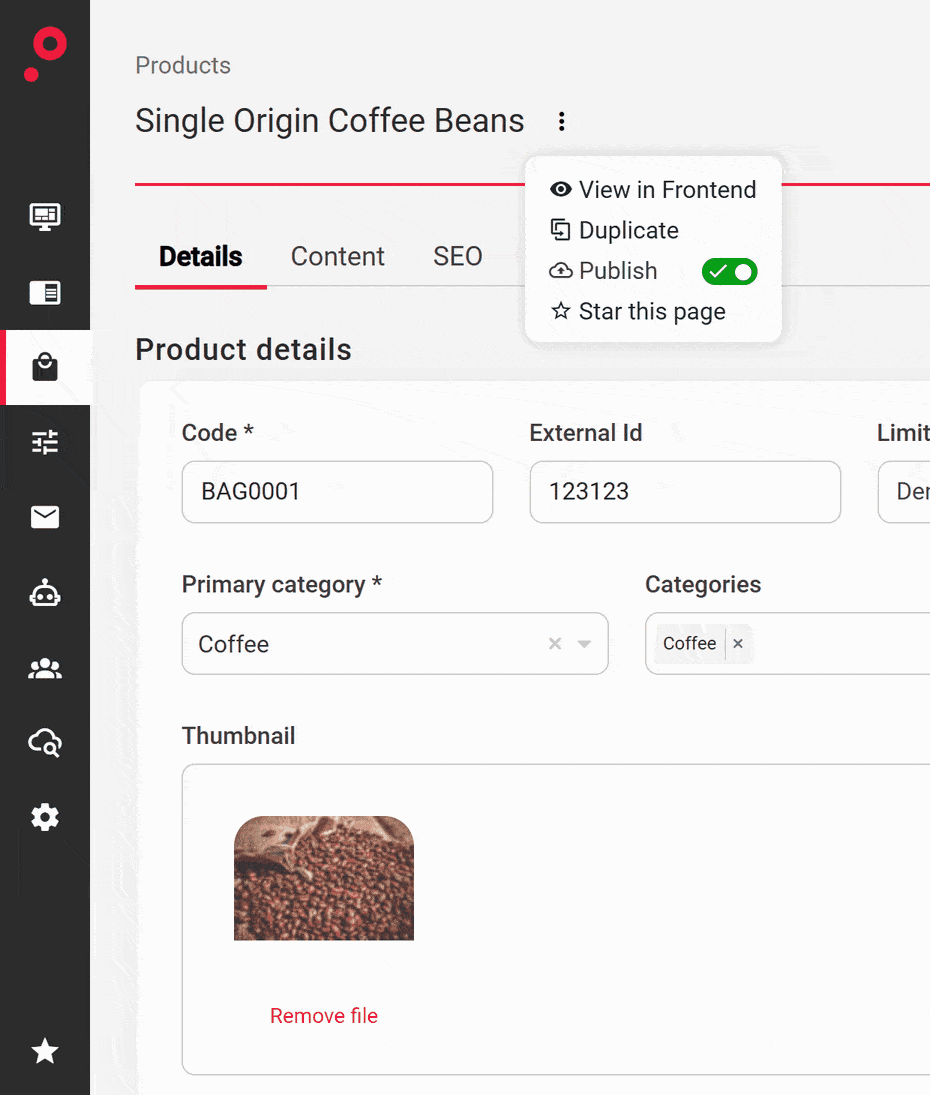 Star this page in the Actions menu stars a product, and the Starred menu in the sidebar then lists it