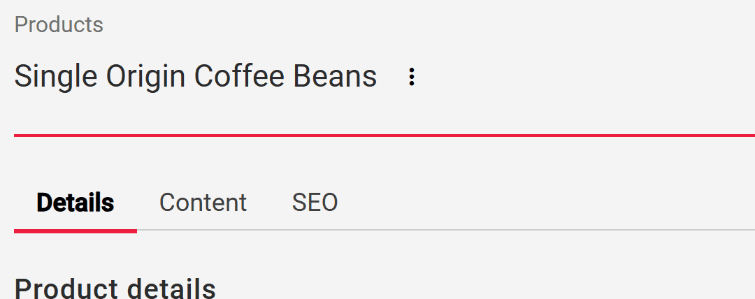 On a product's edit page, the ⋮ button next to the title opens the Actions menu: View in Frontend, Duplicate, a Publish switch and Star this page