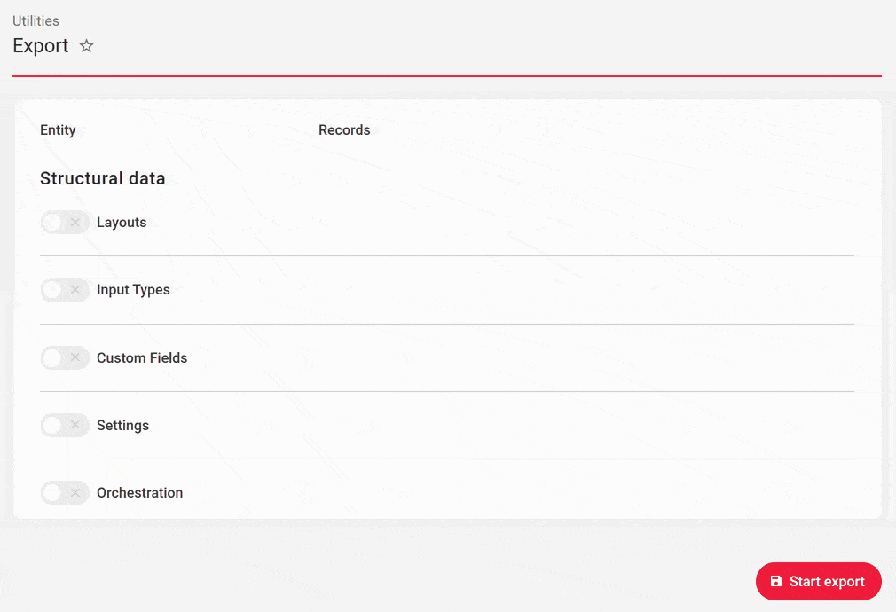 On the Export screen, switching on Orchestration in the Structural data group lists the site's jobs to export