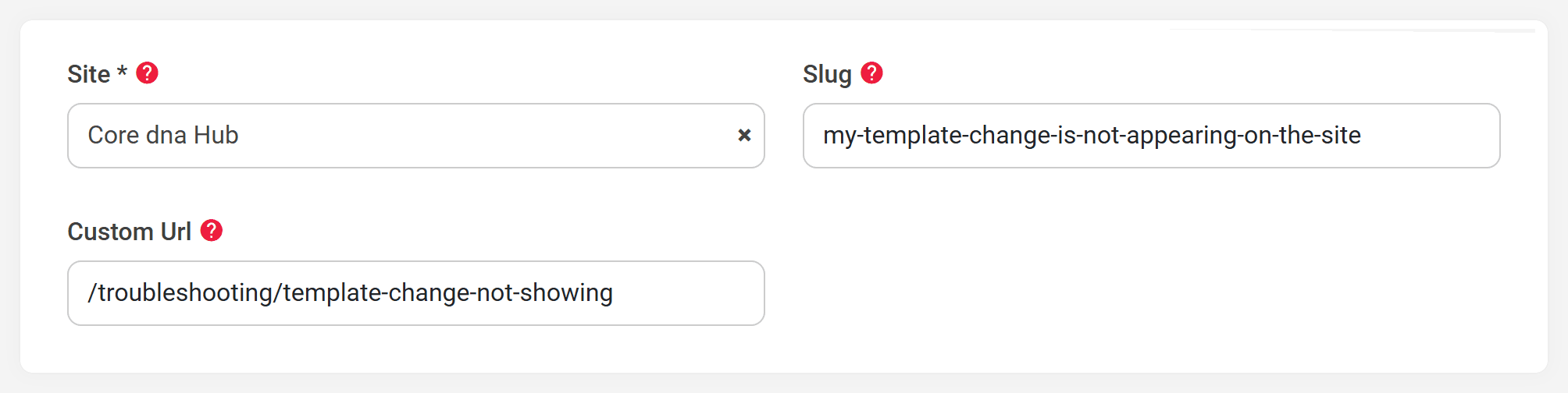 The Location fields of an FAQ question: Site, Slug and Custom Url, with a custom URL filled in