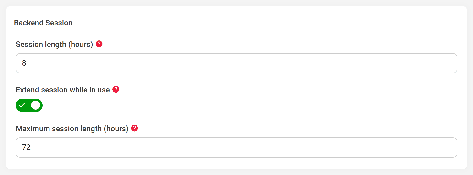 The Backend Session group of the OAuth settings: Session length 8 hours, Extend session while in use switched on, Maximum session length 72 hours