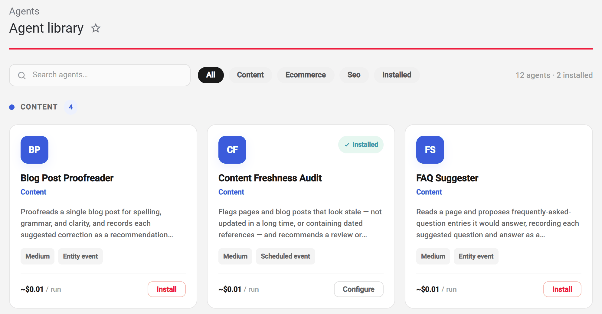 The Agent library: content agents such as Blog Post Proofreader, Content Freshness Audit and FAQ Suggester, each with its cost per run and an Install button